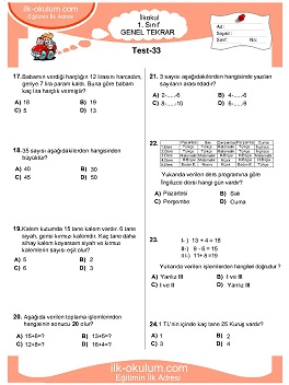 ilkokul 1. Sınıf Genel Tekrar Testleri 